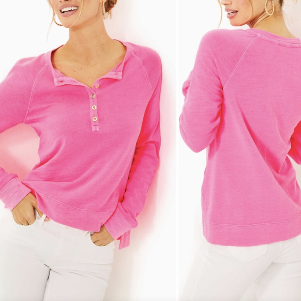 Lilly Pulitzer Leeson Cotton Sweatshirt Roxie Pink Womens Long Sleeve Sze L NWOT